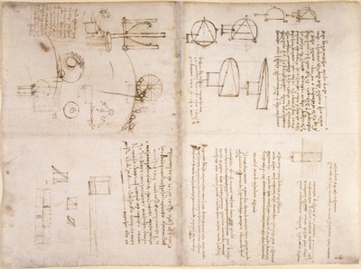 Arundel 263, f.133v, f.130r, Muistiinpanot, kaavapiirrokset ja kaaviot Codex Arundelista (kynä ja muste paperille) tekijältä Leonardo da Vinci