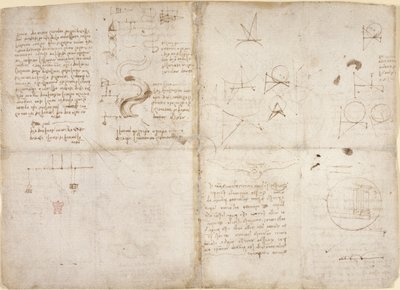 Arundel 263, f.135v, f.134, Huomautuksia ja kaavioita mekaniikasta; muistiinpanoja ja kaavamaisia luonnoksia joen reiteistä ja veden virtauksesta, 