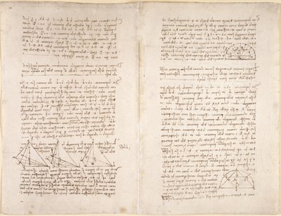 Arundel 263, f.218v, f.215 Muistiinpanot ja kaaviot Codex Arundelista (kynä ja muste paperille) tekijältä Leonardo da Vinci
