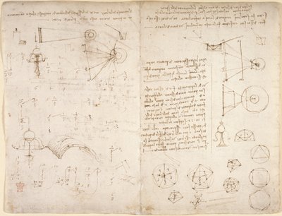 Arundel 263, f.221v, f.220 Muistiinpanot, kaaviot ja luonnokset Codex Arundelista (kynä ja muste paperille) tekijältä Leonardo da Vinci