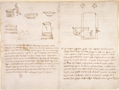 Arundel 263, f.259v, f.260 Muistiinpanoja ja karkeita luonnoksia salpeterin valmistusprosessista ruudin valmistamiseksi (ei Leonardon kädessä) (kynä ja muste paperille) tekijältä Leonardo da Vinci