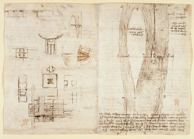 Arundel 263, f.264v Mekaanisia voimia, lyömäsoittimia, painovoimaa, liikettä, optiikkaa ja tähtitiedettä koskevia piirustuksia erilaisilla aritmeettisilla ja geometrisilla ehdotuksilla. tekijältä Leonardo da Vinci