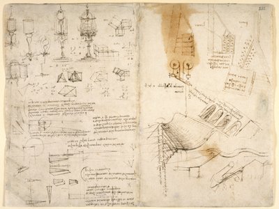 Arundel 263, f.283v, f.282 Saranoitujen lamppujen luonnokset; muistiinpanot mekaniikasta; matemaattiset laskelmat; geometriset luonnokset (kynä ja muste paperille) tekijältä Leonardo da Vinci