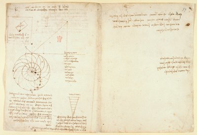 Arundel 263 f.44v, f.59 Luonnos silmästä ja nenästä kasvot profiilissa; muistiinpanoja vedestä, "Codex Arundel" (kynä ja muste paperille) tekijältä Leonardo da Vinci