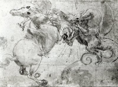 Taistelu ratsastajan ja lohikäärmeen välillä, n. 1482 (kynällä alipiirustus, kynä ja sivellin paperille) tekijältä Leonardo da Vinci