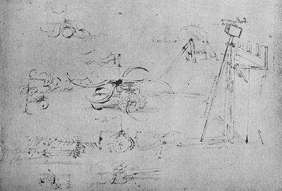Viikateilla ja lyönneillä aseistetut vaunut ja ratsastaja kolmella lanssilla, c1480, 1945 tekijältä Leonardo da Vinci