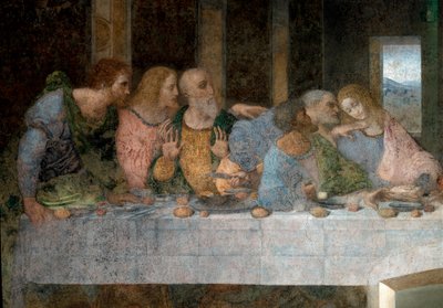 Yksityiskohta viimeisestä ehtoollisesta, joka edustaa vasemmalta oikealle St. Barthelemyä, Jaakobia, Alfeuksen poikaa, Andreasta, Juudasta, Pietaria ja Johannesta. 1495 - 1498. Leonardo da Vincin fresko. Santa Maria delle gra -ravintola tekijältä Leonardo da Vinci