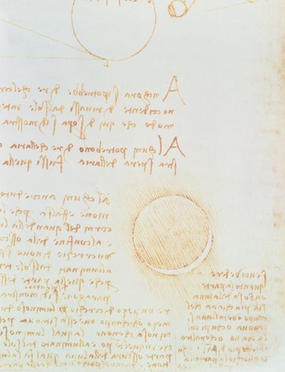 Yksityiskohta fol. 2r, Codex Leicesteristä, joka näyttää kuun ulkoisen kirkkauden tekijältä Leonardo da Vinci