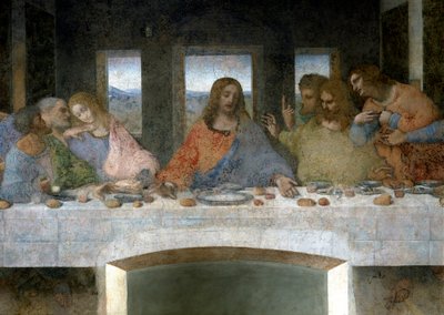 Yksityiskohta Cenestä (Il Cenacolo (Ultima Cena)), joka edustaa vasemmalla apoleja Juudasta, Pietaria ja Johannesta, Kristusta keskellä ja apoleja Thomasia, James Majoria ja Philipiä. V-kirjain Johanneksen ja Kristuksen välillä viittaa Graalin maljaan tai  tekijältä Leonardo da Vinci
