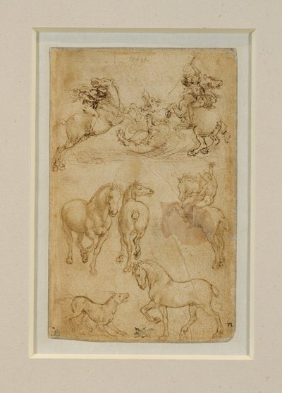 Kaksi ratsastajaa taistelee lohikäärmettä vastaan; ratsastaja ja kaksi hevosta; koira ja hevonen ... tekijältä Leonardo da Vinci