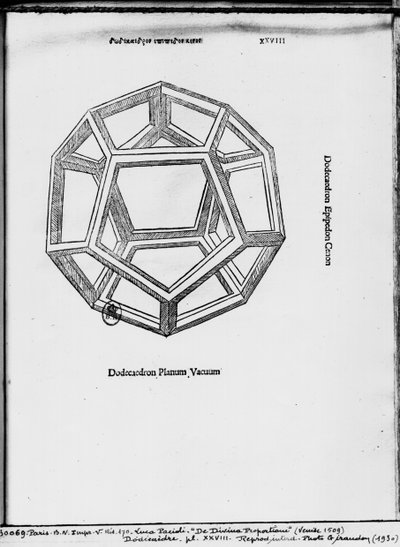 Dodekaedri, Luca Paciolin teoksesta "De Divina Proportione", julkaistu 1509, Venetsia tekijältä Leonardo da Vinci