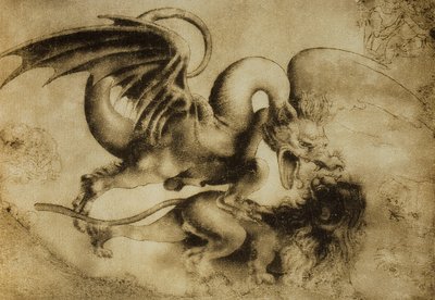 Lohikäärme tappaa leijonan, piirros Leonardo da Vinci. Gabinetto dei Disegni e Stampe, Uffizi-galleria, Firenze tekijältä Leonardo da Vinci
