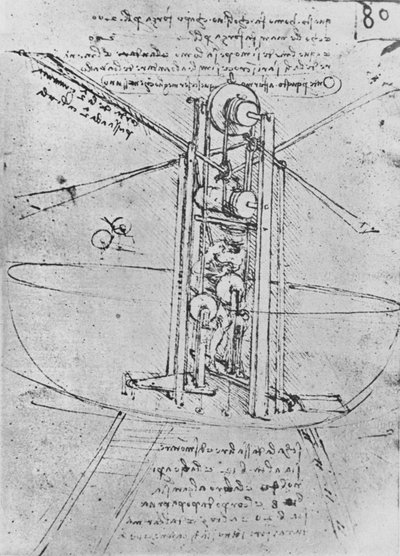 Piirustus lentävästä koneesta, jossa mies käyttää sitä, c1480 1945 tekijältä Leonardo da Vinci