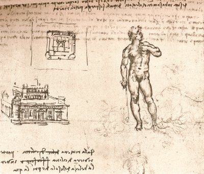 Piirustus linnan suunnitelmista ja alastonhahmosta, pesty intialaisella musteella, c1472-c1519 1883 tekijältä Leonardo da Vinci