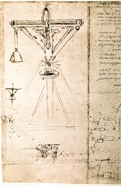 Ote Da Vincin käsikirjoituksesta, jossa kuvataan "Nosturin" periaate ja rakenne (käsikirjoitus). tekijältä Leonardo da Vinci