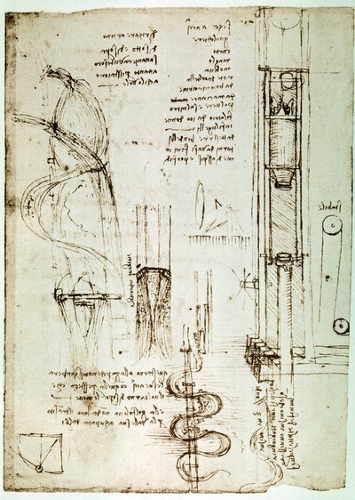Ote Da Vincin käsikirjoituksesta, jossa kuvataan "paaluvasaran" periaate ja rakenne (käsikirjoitus). tekijältä Leonardo da Vinci