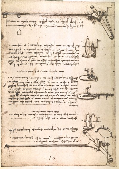 Ote Da Vincin käsikirjoituksesta, jossa kuvataan onttojen peilien valmistuskoneen periaate ja rakenne (käsikirjoitus). tekijältä Leonardo da Vinci