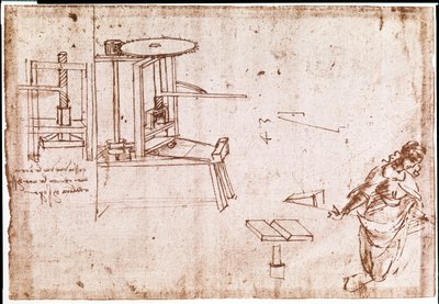 Ote Da Vincin käsikirjoituksesta, jossa kuvataan painokoneen periaatetta ja rakennetta (käsikirjoitus). tekijältä Leonardo da Vinci