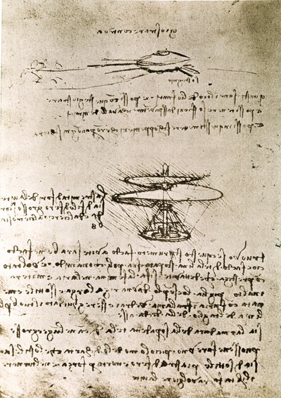 Ote Da Vincin käsikirjoituksesta, jossa kuvataan "Lentoruuvin (helikopterin)" periaate ja rakenne (käsikirjoitus). tekijältä Leonardo da Vinci