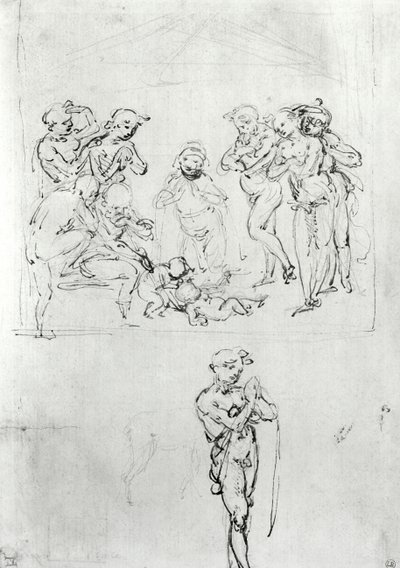 Figural Studies for the Adoration of the Magi, n. 1481 (kynä, mustetta ja metallikärki paperilla) tekijältä Leonardo da Vinci