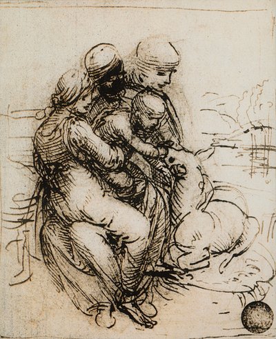 Ensimmäinen idea Madonnasta ja lapsesta ja Pyhästä Annista; Leonardo da Vincin piirustus. Gallerie dell