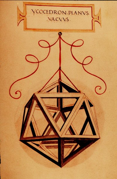 Geometria: "" Icosahedron"" Sivu otettu käsikirjoituksesta "" De divina ratione"" (Jumalaisista mittasuhteista), jonka on kirjoittanut matemaatikko Fra Luca Pacioli dit Luca di Borgo (1445-1517), kuvittanut Leonardo da Vinci (1452-1519). 1509. tekijältä Leonardo da Vinci