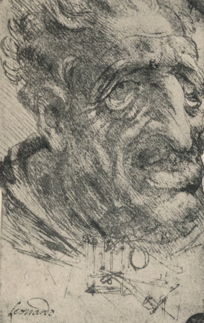 Kolme neljäsosaa oikealle kääntyneen miehen groteski pää, c1480 1945 tekijältä Leonardo da Vinci