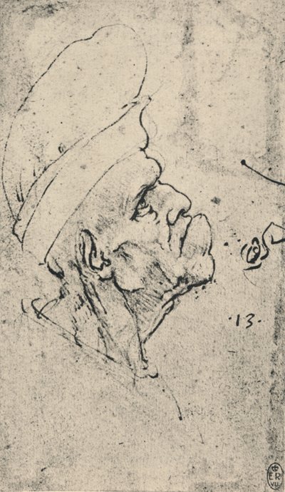 Groteski profiili miehestä, jolla on hattu oikealla, c1480 1945 tekijältä Leonardo da Vinci