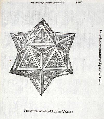 Hexacedron abscissum korotettu tyhjiö, kuva Luca Paciolin (n. 1445-1517) teoksesta "Divine Proportion", alunperin pub. Venetsia, 1509 tekijältä Leonardo da Vinci