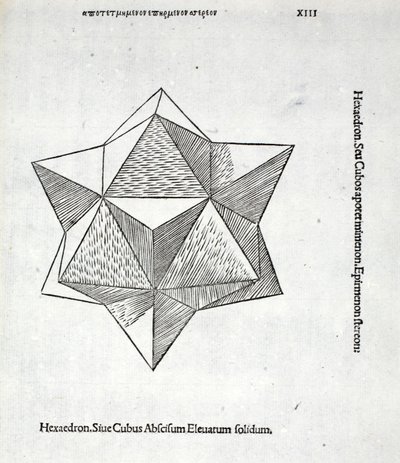 Hexaedron katkaistu kohotettu kiinteä, kuvitus "Divine Proportion" kirjoittaja Luca Pacioli (n. 1445-1517), alun perin pub. Venetsia, 1509 tekijältä Leonardo da Vinci