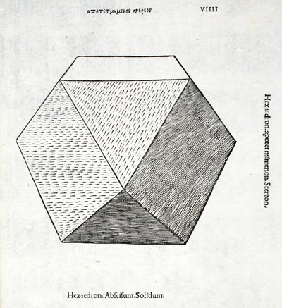 Solid Hexaedron, kuvitus Luca Paciolin (n. 1445-1517) "Divine Proportionista", alunperin pub. Venetsia, 1509 tekijältä Leonardo da Vinci