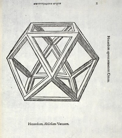 Hexaedron Abscissum Vacuum, kuvitus Luca Paciolin (n. 1445-1517) "Divine Proportionista", alunperin pub. Venetsia, 1509 tekijältä Leonardo da Vinci