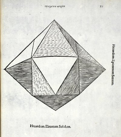 Hexaedron elevatum solidum, kuvitus Luca Paciolin (n. 1445-1517) teoksesta 