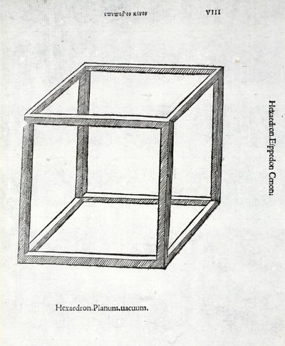 Hexahedron täysi tyhjiö, kuvitus "Divine Proportion":sta, kirjoittaja Luca Pacioli (n. 1445-1517), alunperin pub. Venetsia, 1509 tekijältä Leonardo da Vinci