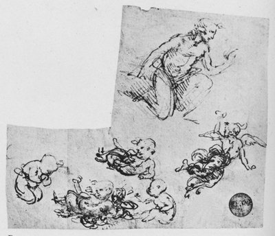 Polvistuva nuoriso ja Putti, c1480 1945 tekijältä Leonardo da Vinci