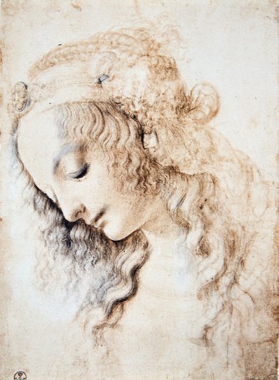Leonardo da Vinci (Leonardo da Vinci) (1452 - 1519): Muotokuva tytöstä, jolla on ummessa olevat silmät ja pää alaspäin hiukset, jota koristaa koruilla rikastettu nauha (Immagina) tekijältä Leonardo da Vinci