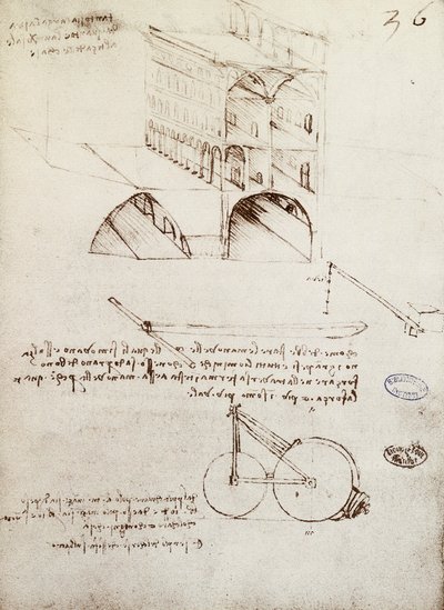 Käsikirjoitus B, f 36 r Arkkitehtuurin tutkimukset, kehitys ja rakennusosat kaupungissa korotetuilla kaduilla (kynä ja muste paperille) tekijältä Leonardo da Vinci