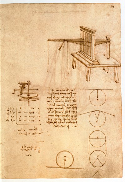 Ms 8937 fol.68r Tutkimus tekstiilikoneelle, Codex Madrid I, n. 1493-1497 (kynä ja muste paperille) tekijältä Leonardo da Vinci