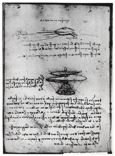 Pariisin käsikirjoitus B, fol. 83v: Sivu tekstiä ja luonnoksia lentävälle koneelle, 1488-90 (kynä ja muste paperille) tekijältä Leonardo da Vinci
