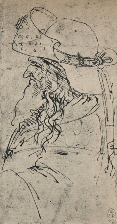 Vasemmalla puolella oleva vanha mies suuressa hatussa, c1480 1945 tekijältä Leonardo da Vinci