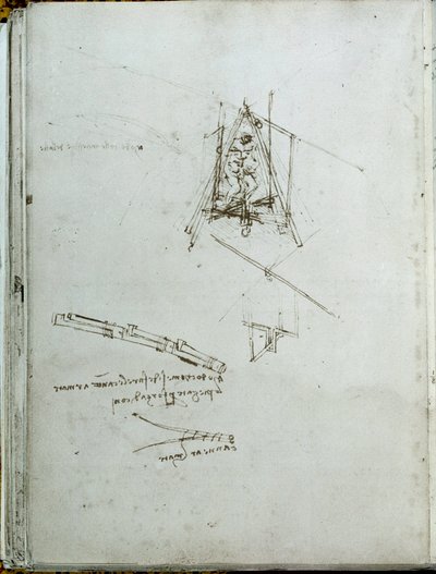 Tiede ja tekniikka: käsikirjoitus lentävistä koneista, helikopterin esi-isä. Leonardo da Vincin kirja (Leonardo da Vinci) (1452-1519). Noin 1487. Pariisi, Institut de Francen kirjasto tekijältä Leonardo da Vinci