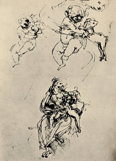 Tutkimuksia madonnalle ja lapselle kissan kanssa, 1478-1480 1945 tekijältä Leonardo da Vinci