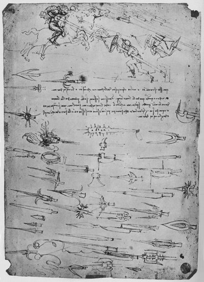 Tutkimuksia jalkasotilaista, jotka hyökkäävät hevosmiesten kimppuihin, c1480, 1945 tekijältä Leonardo da Vinci