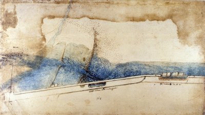 Leonard de Vincin (Leonardo da Vinci) (1452-1519) tutkimus vesivoiman hyödyntämisestä hydraulikoneissa (noria). Piirustus kynällä ja musteella. tekijältä Leonardo da Vinci