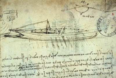 Leonard de Vincin (Leonardo da Vinci) (1452 - 1519) tutkimus veneestä, jossa on airot. Piirustus kynällä ja musteella. Käsikirjoitus. Institut de Francen kirjasto. Pariisi. tekijältä Leonardo da Vinci