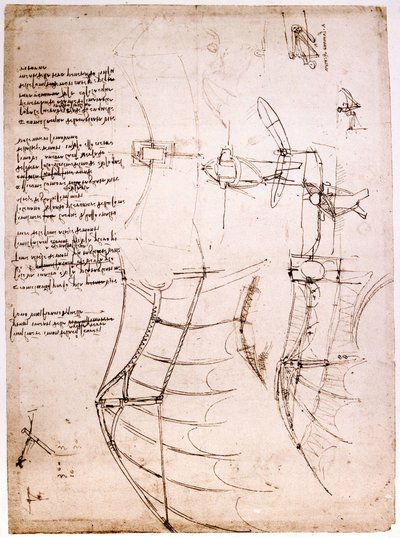 Opiskelu siipillä. Codex Atlantic. Atlantic Codex, piirustus Leonard de Vinci (Leonardo da Vinci) noin 1499. tekijältä Leonardo da Vinci