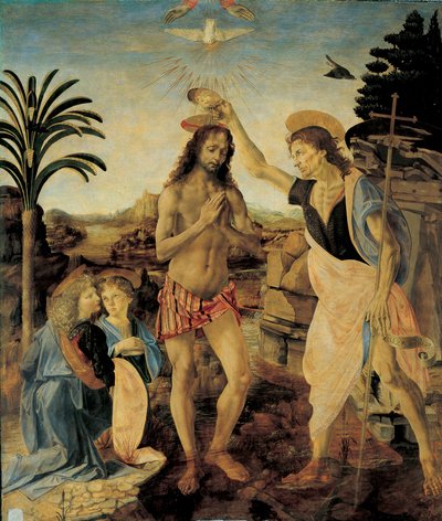 Andrea del Verrocchio (1436-1488) ja Leonardo da Vinci (Leonard of Vinci) (1452-1516) Kristuksen kaste noin 1475-1478, Öljy ja tempera puulla tekijältä Leonardo da Vinci