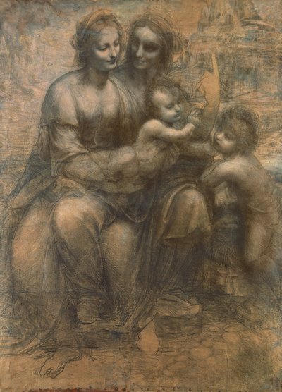 Neitsyt ja lapsi Pyhän Annan kanssa ja pikkulapsi Pyhä Johannes Kastaja, n. 1499-1500 (hiili korostettu valkoisella liidulla paperille, kiinnitetty kankaalle) tekijältä Leonardo da Vinci