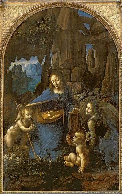 Kivien neitsyt (johonenlapsi palvomassa Kristus-lapsea enkelin seurassa), n. 1508 (öljy paneelissa) tekijältä Leonardo da Vinci
