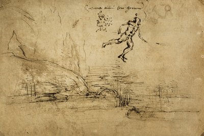 Maisemapiirustuksen takapuoli sotilaan hahmolla: Leonardo da Vincin kynäpiirros. Piirustus- ja grafiikkakaappi, Uffizi-galleria, Firenze tekijältä Leonardo da Vinci